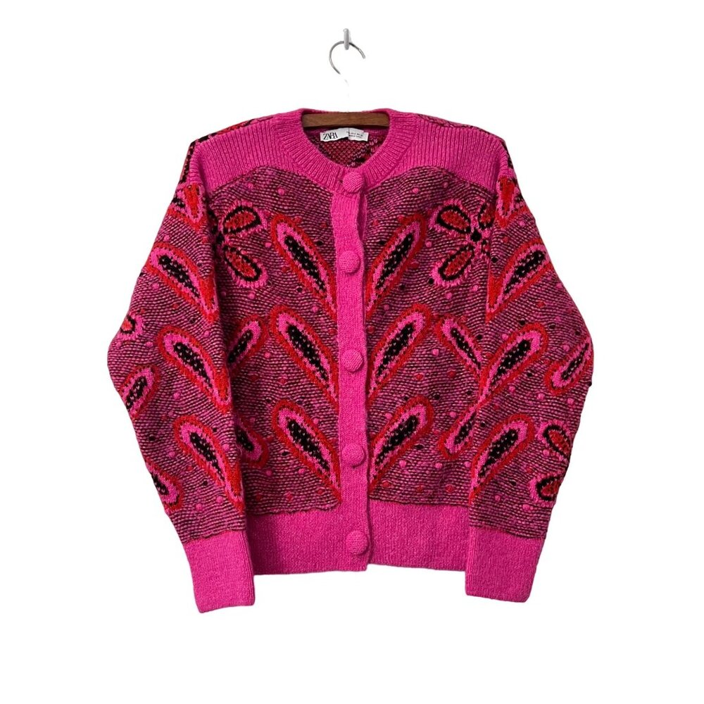 Zara Womens Pink Black Paisley Bobble Chunky Knit Cardigan Sweater Size Small